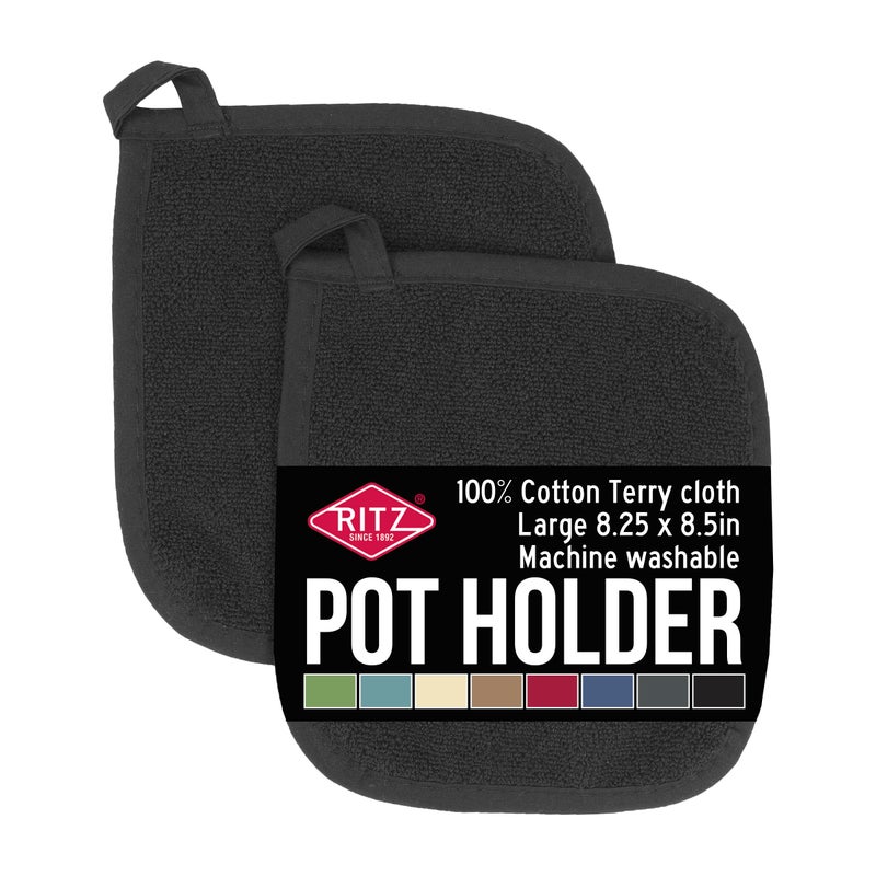 Ritz Terry Potholder & Hot Pad: Unparalleled Heat Resistant  Durable 100% Cotton - Ergonomically Designed for Optimal Grip - Easy-Care Machine Washable  Perfect for Your Kitchen - Black  2-Pk - Image 1