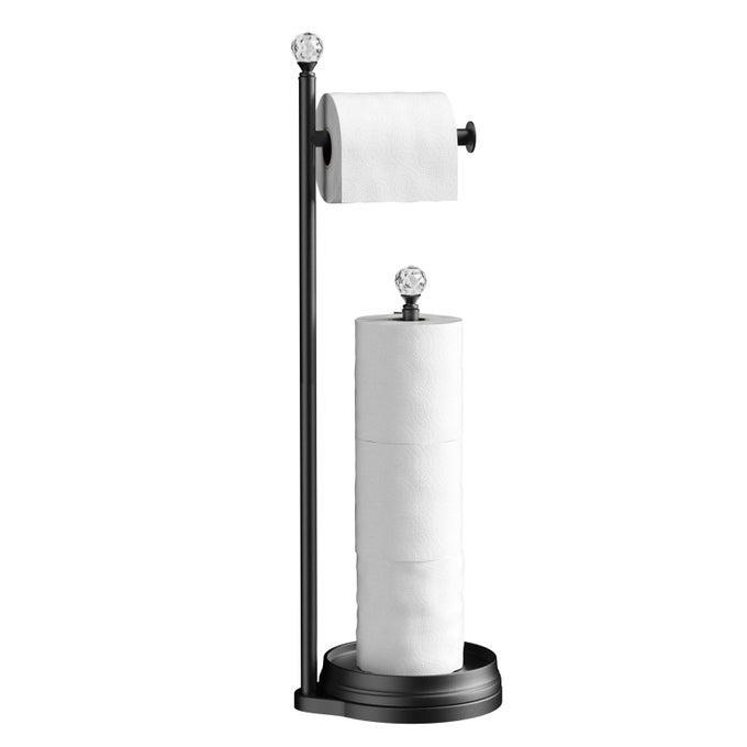 TOILET PAPER HOLDER FOR BATHROOM HEAVY WEIGHTED METAL FREE STANDING TOILET PAPER HOLDER STAND WITH CRYSTAL BALL TOILET PAPER ROLL STAND FOR BATHROOM ACCESSORIES MATTE BLACK