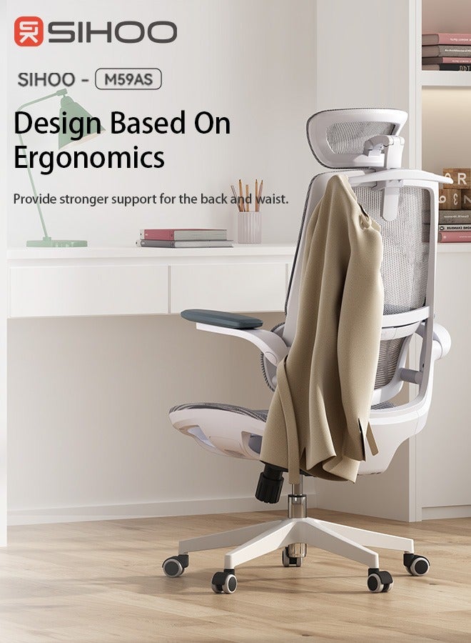 SIHOO SIHOO M59AS-M101 Ergonomic Office Chair, Breathable Mesh Desk Chair with Dual Back Design, Clothes Rack and Flip-up Arms, Swivel Task Chair, Adjustable Height Gaming Chair(Grey) - Image 2
