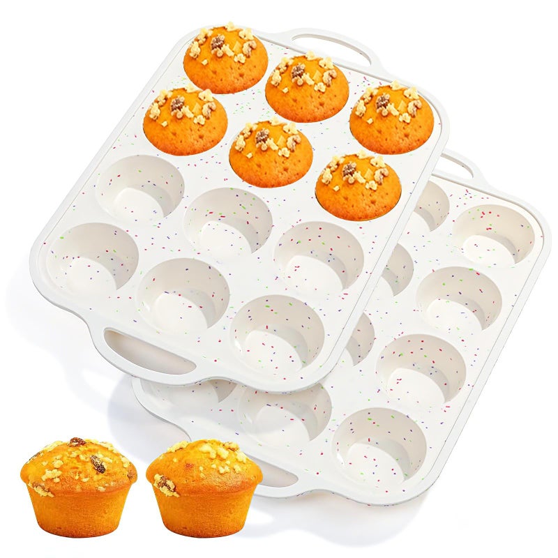 Fimary Silicone Muffin Pans for Baking 2 Pack, 2.8 Inch with Metal Reinforced Frame, Regular Size Nonstick Silicone Cupcake Pan 12 Cups for Baking Homemade Muffins, Cupcakes, Dishwasher Safe BPA Free - Image 1