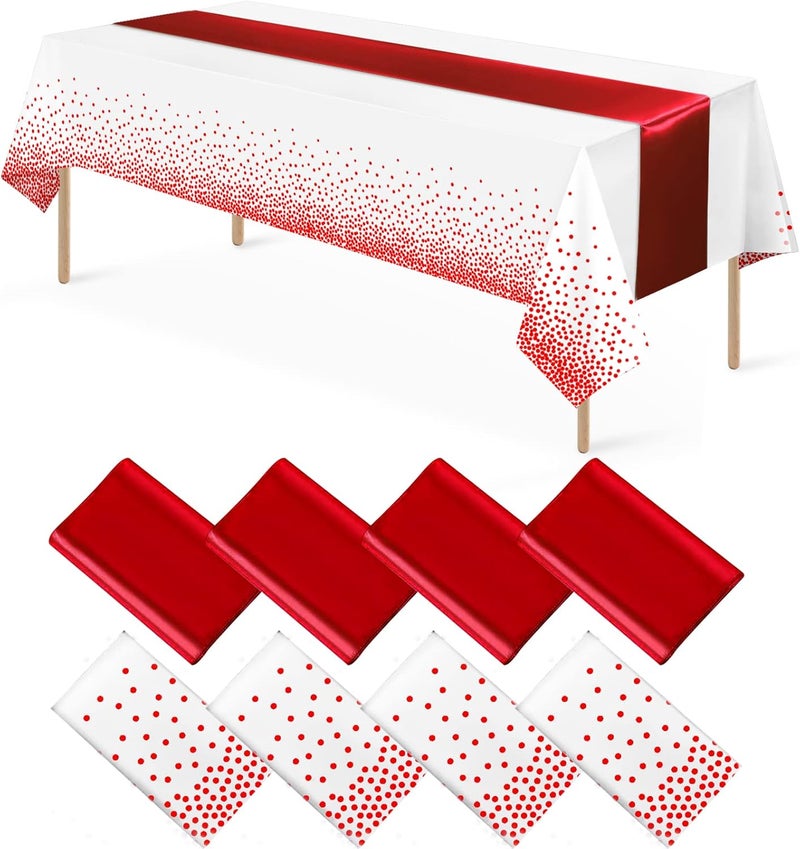 MASHAN 8Pack Disposable Plastic Tablecloths and Satin Table Runner Set White and Red Dot Tablecloth Red Satin Table Runner for Wedding Birthday Baby Shower Anniversary Christmas New Year Party Supplies - Image 1