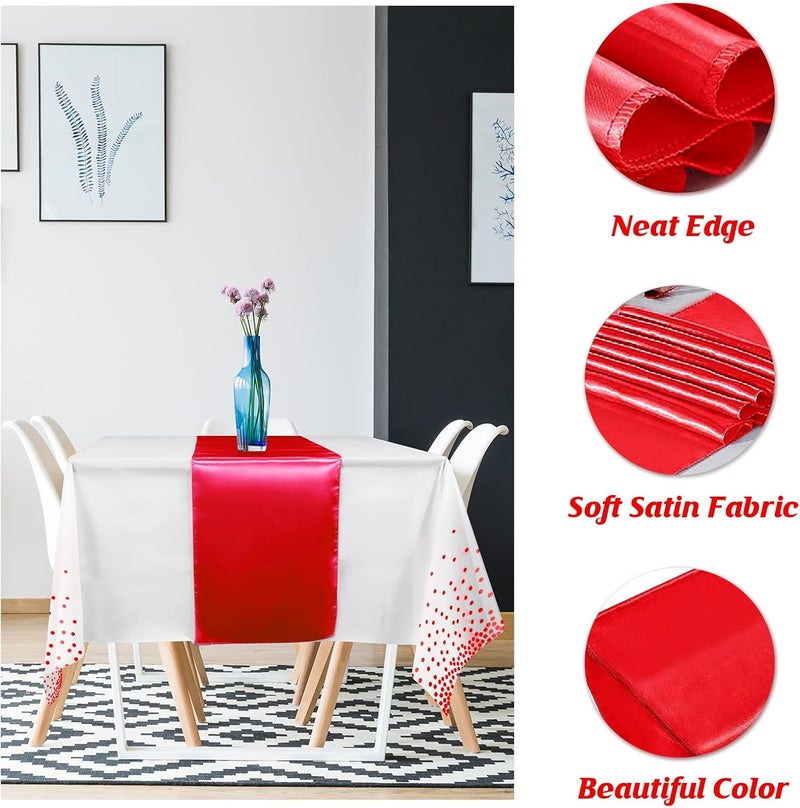 MASHAN 8Pack Disposable Plastic Tablecloths and Satin Table Runner Set White and Red Dot Tablecloth Red Satin Table Runner for Wedding Birthday Baby Shower Anniversary Christmas New Year Party Supplies - Image 3