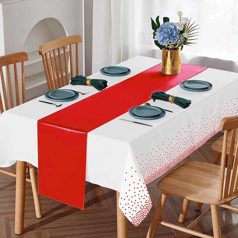 MASHAN 8Pack Disposable Plastic Tablecloths and Satin Table Runner Set White and Red Dot Tablecloth Red Satin Table Runner for Wedding Birthday Baby Shower Anniversary Christmas New Year Party Supplies - Image 4