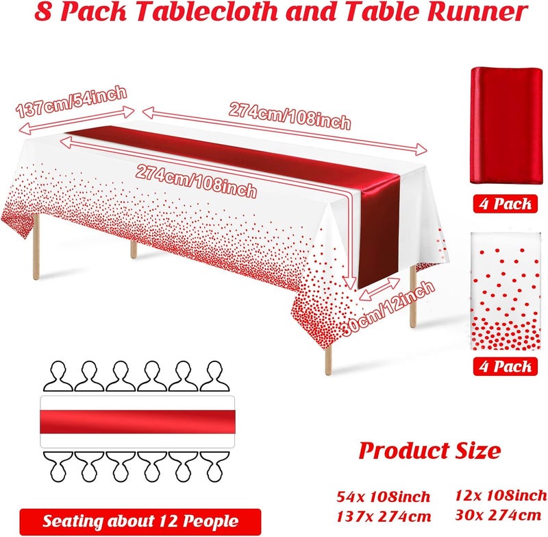 MASHAN 8Pack Disposable Plastic Tablecloths and Satin Table Runner Set White and Red Dot Tablecloth Red Satin Table Runner for Wedding Birthday Baby Shower Anniversary Christmas New Year Party Supplies - Image 2