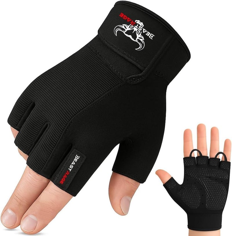 BEAST RAGE Workout Gloves for Men, Durable Palm Grip Gym Gloves Women Half Finger Elasticated Training Weight Lifting Strength Bodybuilding Anti Slip Cycling Gloves Exercise (Jet Black, S) - Image 1