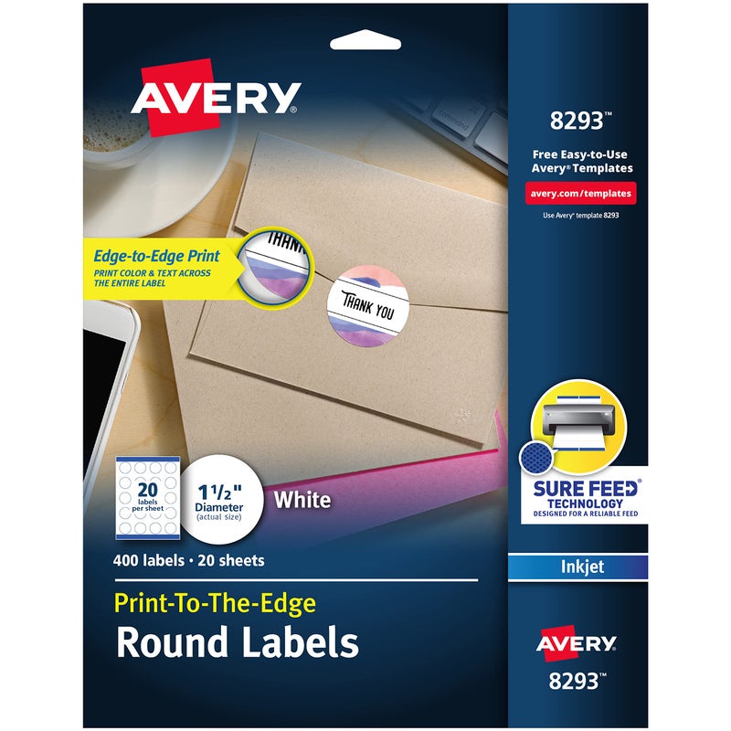 Avery Matte White Round Labels, Sure Feed Technology, Permanent Adhesive, 1-1/2", 400 Labels (8293) - Image 1
