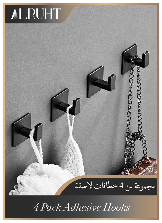 الروهيت مجموعة من 4 خطافات لاصقة، خطافات معاطف مربعة ذاتية اللصق، خطافات أردية ملابس مربعة من الفولاذ المقاوم للصدأ SUS304 للحمام والمطبخ وغرفة النوم (أسود)  - Image 1