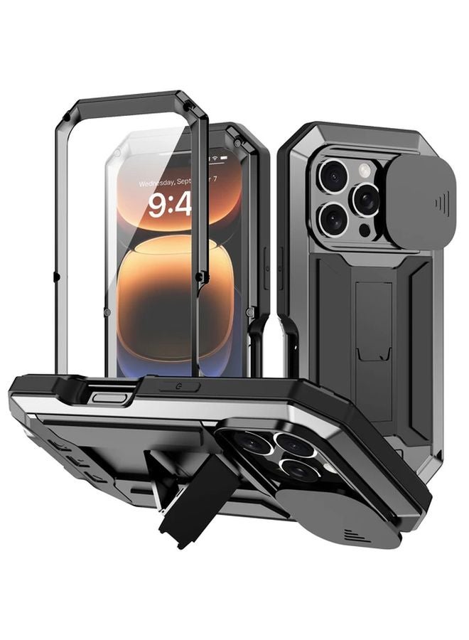 Red Metal Armor Phone Case For iPhone 16 Pro With Glass Screen Protector Shockproof Cover - Image 1