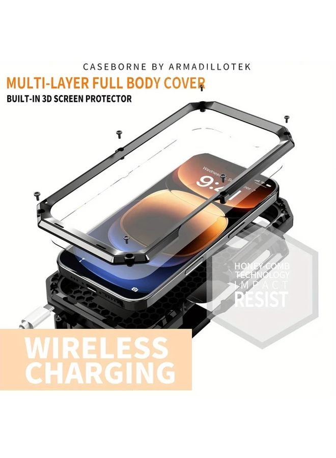 Red Metal Armor Phone Case For iPhone 16 Pro With Glass Screen Protector Shockproof Cover - Image 2