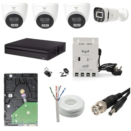 JK Vision 2.4MP ColorVu CCTV Camera System for Home, Office, School (1 Bullet, 3 Dome, 500 GB Hard Disk, 4 Channel Power Supply, DVR, 90Mtr Cable, BNC/DC) - Image 1