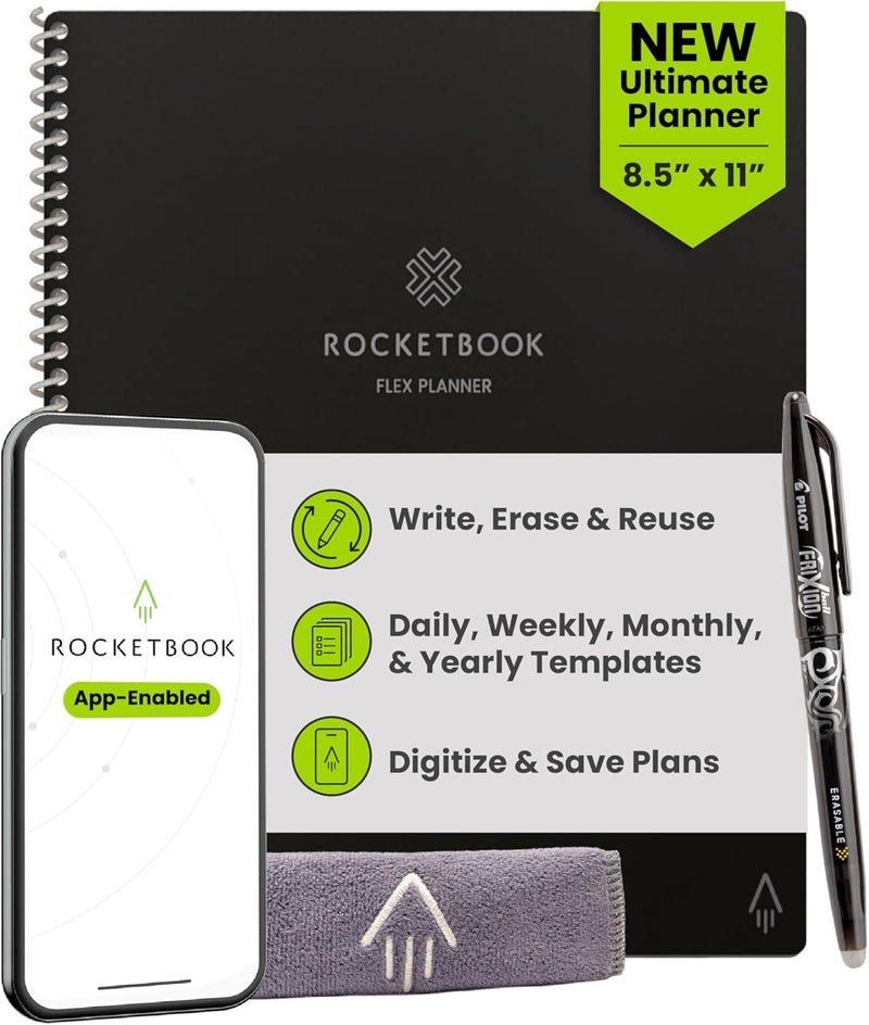 Rocketbook Flex Reusable Planner, Smart Undated, Daily, Weekly, Monthly, Annual Calendar Templates, Letter Size 8.5x11, Black (Pack of 1) - Image 1