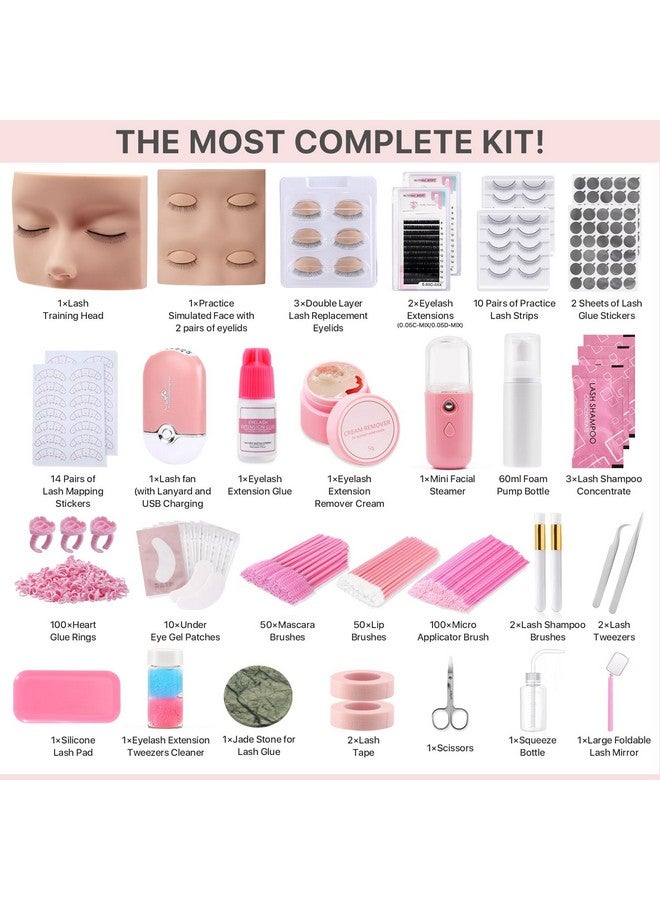 Pretty memory Eyelash Extension Kit For Beginners, 343 Pcs Professional Lash Extension Kit Includes 2 Mannequin Head With 2 Layer Lash Eyelids Facial Mister Tweezers Glue Usb Fan For Practice Training - Image 1