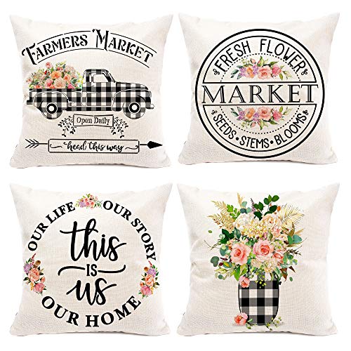 Hexagram Floral Farmhouse Pillow Covers 18x18 Set of 4, Buffalo Plaid Spring Pillow Covers,Farmhouse Truck with Flower Decorative Summer Throw Pillow Covers,Outdoor Home Decor - Image 1