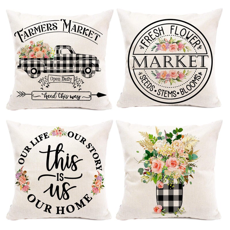 Hexagram Floral Farmhouse Pillow Covers 18x18 Set of 4, Buffalo Plaid Spring Pillow Covers,Farmhouse Truck with Flower Decorative Summer Throw Pillow Covers,Outdoor Home Decor - Image 3