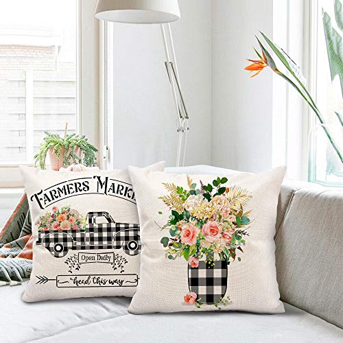 Hexagram Floral Farmhouse Pillow Covers 18x18 Set of 4, Buffalo Plaid Spring Pillow Covers,Farmhouse Truck with Flower Decorative Summer Throw Pillow Covers,Outdoor Home Decor - Image 5