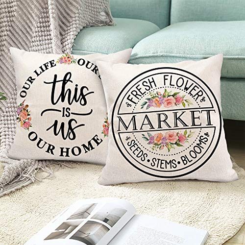 Hexagram Floral Farmhouse Pillow Covers 18x18 Set of 4, Buffalo Plaid Spring Pillow Covers,Farmhouse Truck with Flower Decorative Summer Throw Pillow Covers,Outdoor Home Decor - Image 4