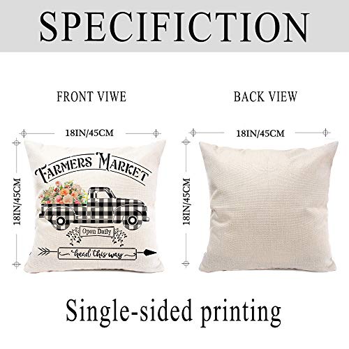 Hexagram Floral Farmhouse Pillow Covers 18x18 Set of 4, Buffalo Plaid Spring Pillow Covers,Farmhouse Truck with Flower Decorative Summer Throw Pillow Covers,Outdoor Home Decor - Image 2
