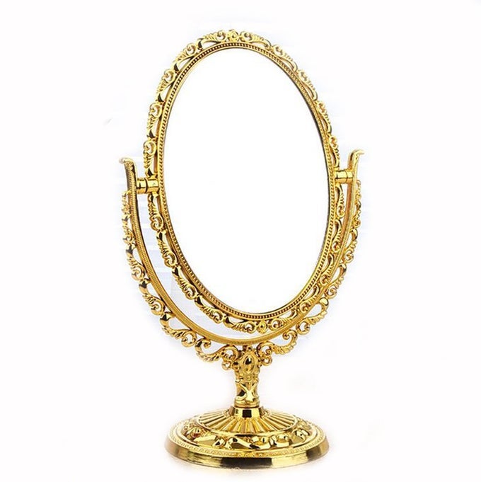 DESKTOP ANTIQUE VINTAGE EUROPEAN STYLE TWO SIDED SWIVEL OVAL TABLETOP VANITY MAKEUP MIRROR WITH EMBOSSED HOLLOW FLOWER SHINY PEDESTALGOLD