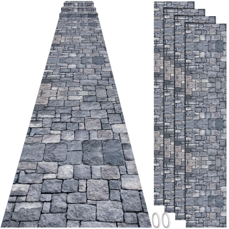 Fabbay 4 Pack 10ft Cobblestone Aisle Runners Medieval Party Decorations Polyester Brick Stone Printed Floor Runners for Medieval Castle Knight Themed Party Supplies Castle Table Cover