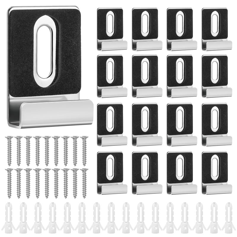 Draupnir 16pcs Metal Mirror Holder Kit, J Type Mirror Hanger Clip Kit with Screws Rubber Pads Mirror Hooks Heavy Duty Mirror Hanger Hardware for Frameless Mounting Wall Tile Billboard Display (Silver) - Image 1