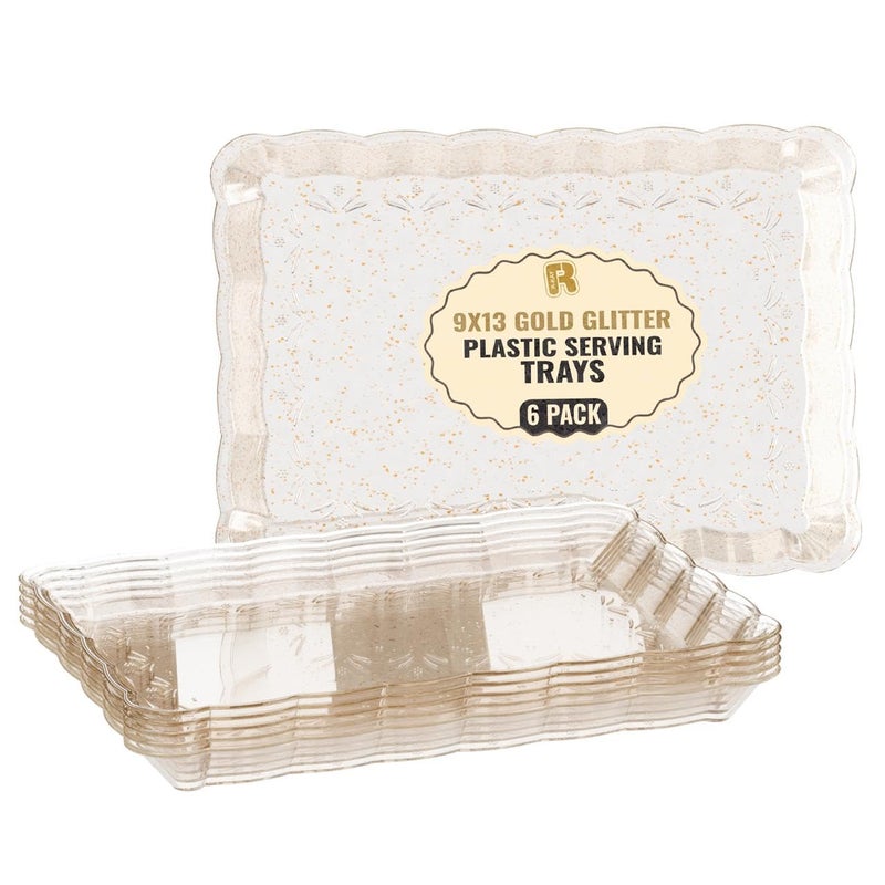 R-kay 6 Pack Gold Glitter Plastic Serving Trays for Party, 9 x 13 Inch - Heavy Duty Plastic Gold Trays for Food - Rectangular Party Serving Platters - Image 1