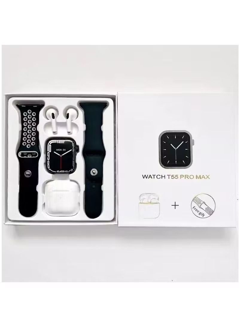 Zaboon T55 Pro Max Smartwatch With Free Extra Strap In  Color And Bluetooth Earphones Black - Image 1