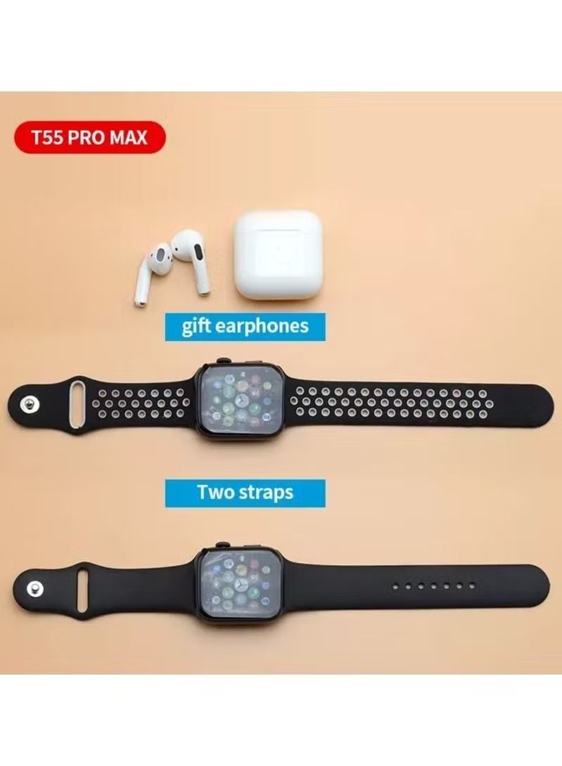 Zaboon T55 Pro Max Smartwatch With Free Extra Strap In  Color And Bluetooth Earphones Black - Image 2