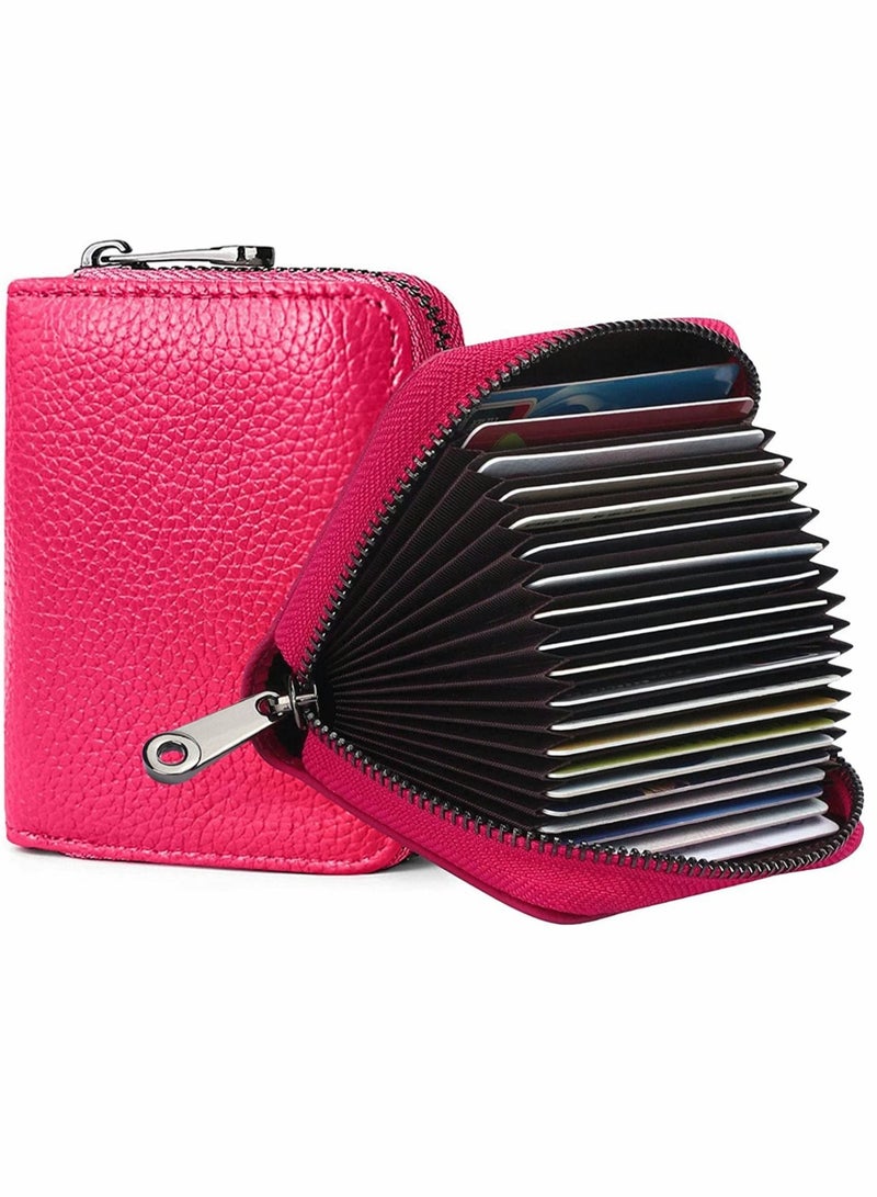 Credit Card Holder Wallet, Rose Red Card Cases, RFID 20 Card Slots Credit Card Holder Genuine Leather Small Card Case, Accordion Wallet with Zipper for Women Men, Wallets Card Cases Money Organizers - Image 1