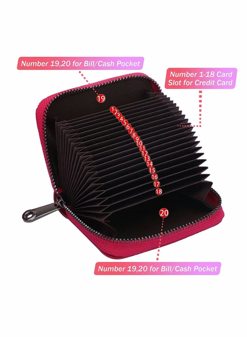 Credit Card Holder Wallet, Rose Red Card Cases, RFID 20 Card Slots Credit Card Holder Genuine Leather Small Card Case, Accordion Wallet with Zipper for Women Men, Wallets Card Cases Money Organizers - Image 2