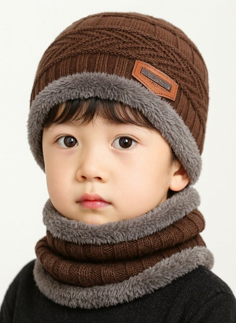 2 Pcs Kids Winter Hat and Scarf Set Ages 3 to13 Warm Knit Beanie with Plush Lining for Boys and Girls