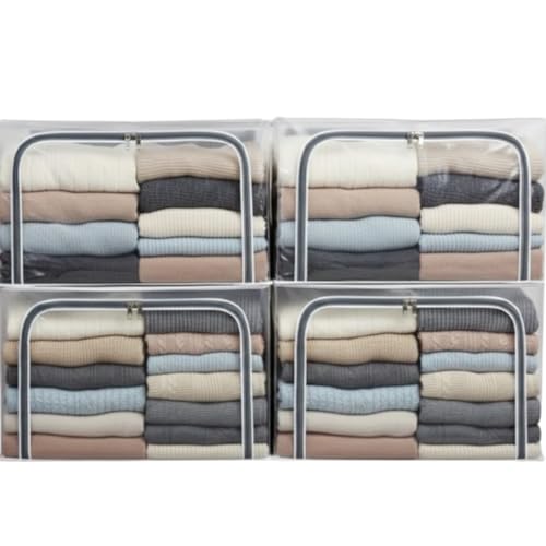 Raggle 4PCS polycotton Clothes Storage Organizer Bins, Foldable Storage Bins-Cloth Steel Frame Storage Box with Foldable Clear Window & Reinforced Handles 50 * 40 * 30CM (Transparent, 66L-4) - Image 1