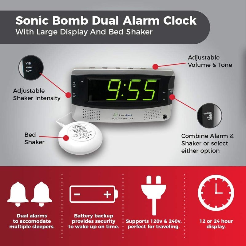 Sonic Alert Sonic Bomb Extra Dual Alarm Clock with Large Display - SBD375SS, Silver - Image 4