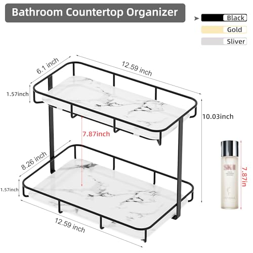 Dobbyby Bathroom Organizer Countertop Perfume Organizer Makeup Organizer Cosmetics Storage Display Rack Vanity Tray Dresser Stainless Steel Gold Shelf White Marble Ceramic Tray - Image 3