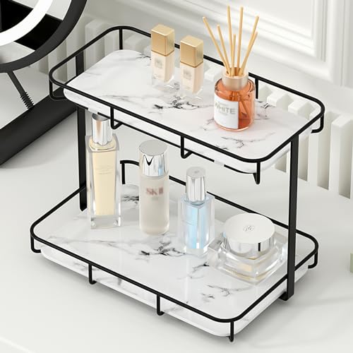 Dobbyby Bathroom Organizer Countertop Perfume Organizer Makeup Organizer Cosmetics Storage Display Rack Vanity Tray Dresser Stainless Steel Gold Shelf White Marble Ceramic Tray - Image 1