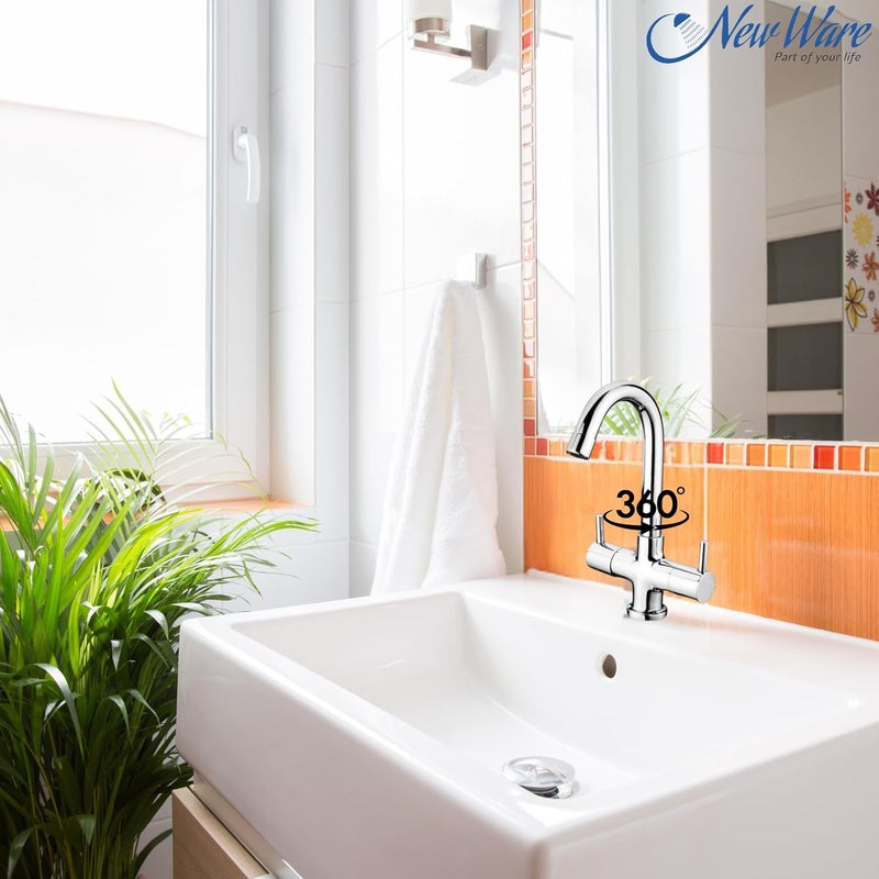 New Ware CP Brass 2in1 Center Hole Basin Mixer with 18 Connection Pipe Dual Lever 360 Swivel Spout Hot Cold Water Mixer Tap for Home Bathroom 56090 Victorian Brass 2 Medium 2024 - Image 4