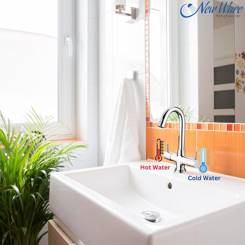 New Ware CP Brass 2in1 Center Hole Basin Mixer with 18 Connection Pipe Dual Lever 360 Swivel Spout Hot Cold Water Mixer Tap for Home Bathroom 56090 Victorian Brass 2 Medium 2024 - Image 3