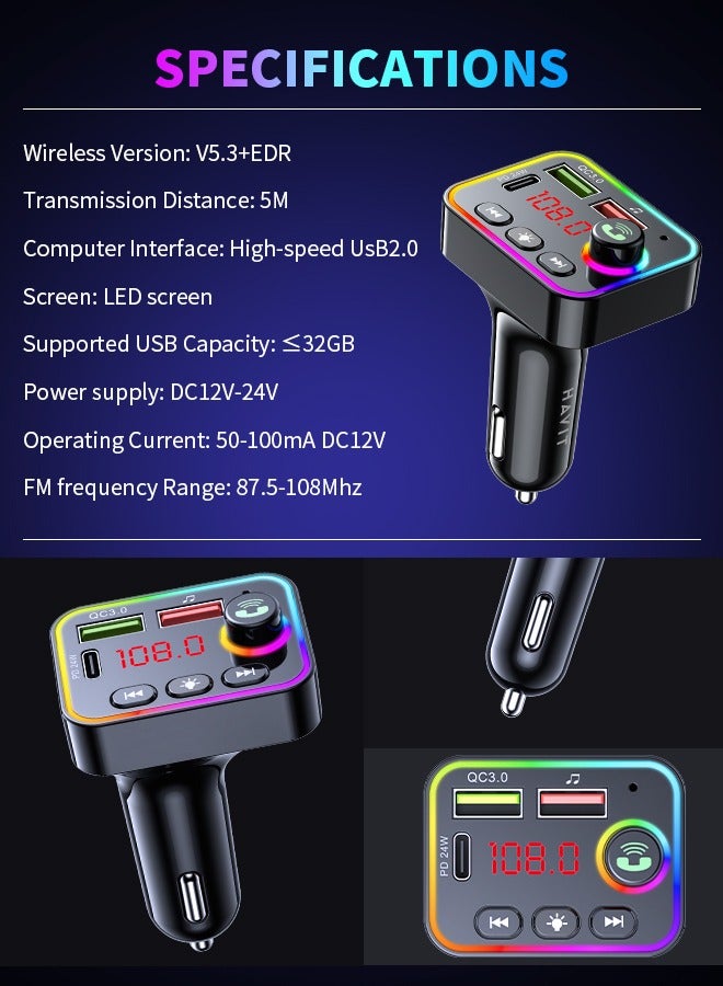 Car Bluetooth Charger FM Transmitter Dual USB Smart Fast Charge LED Backlight for Automobile HD Calls/Music Enjoyment