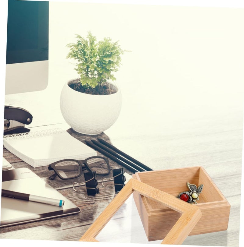 Square Wooden Storage Box with Window Lid, Desktop Organizer for Home and Office, Wood Sundries Storage Case for Desk Supplies and Small Items - Image 4