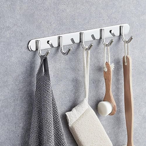 Boniry Steel Wall Hanger for Clothes - 5 Hook Strip for Bathroom and Door - Wall Mounted Hangers for Shirts, Dresses, and More - Silver - Image 1