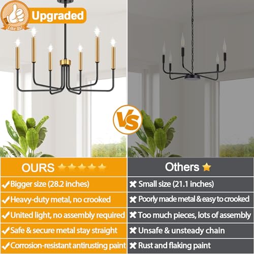 Lynnoland Black and Gold Chandelier, 6-Light Farmhouse Chandelier for Dining Room Lighting Fixtures Hanging, Dining Light Fixtures Industrial Modern Light Fixture for Bedroom, Foyer, Living Room and Entryway - Image 2