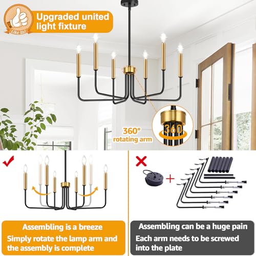 Lynnoland Black and Gold Chandelier, 6-Light Farmhouse Chandelier for Dining Room Lighting Fixtures Hanging, Dining Light Fixtures Industrial Modern Light Fixture for Bedroom, Foyer, Living Room and Entryway - Image 3