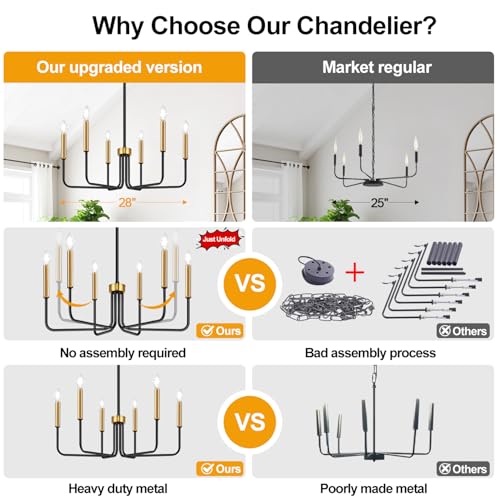 Lynnoland Black and Gold Chandelier, 6-Light Farmhouse Chandelier for Dining Room Lighting Fixtures Hanging, Dining Light Fixtures Industrial Modern Light Fixture for Bedroom, Foyer, Living Room and Entryway - Image 5