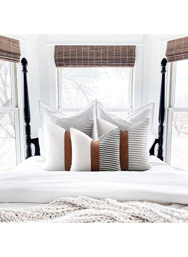 Relex Set of 2 Farmhouse Decorative Throw Pillow Covers,Modern Faux Leather Accent Pillow Covers,Stripe Patchwork Linen Pillowcases Cushion Covers for Couch Sofa Bed Decor - Image 4