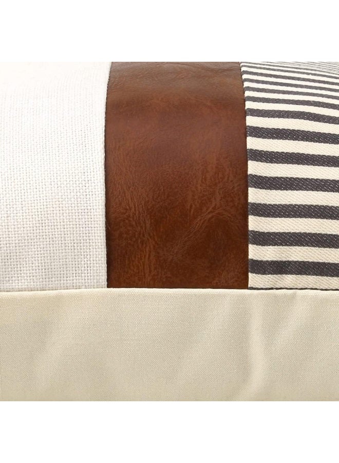 Relex Set of 2 Farmhouse Decorative Throw Pillow Covers,Modern Faux Leather Accent Pillow Covers,Stripe Patchwork Linen Pillowcases Cushion Covers for Couch Sofa Bed Decor - Image 3