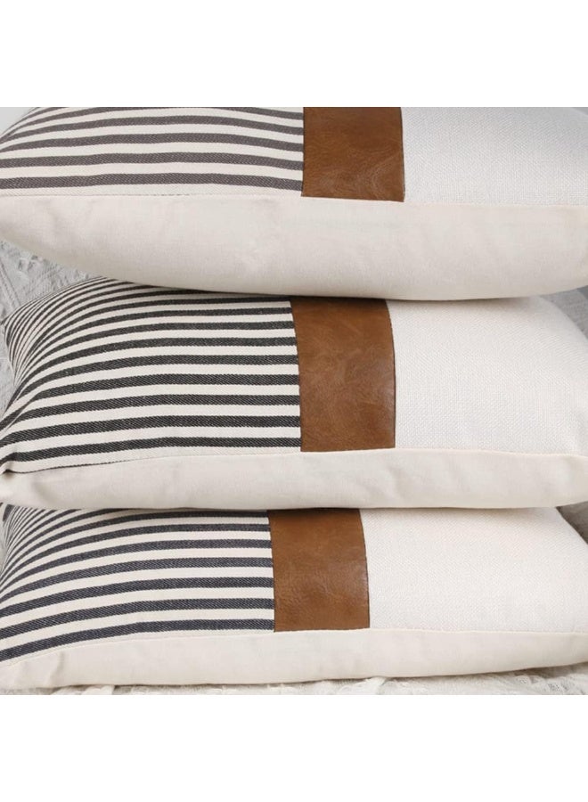 Relex Set of 2 Farmhouse Decorative Throw Pillow Covers,Modern Faux Leather Accent Pillow Covers,Stripe Patchwork Linen Pillowcases Cushion Covers for Couch Sofa Bed Decor - Image 2