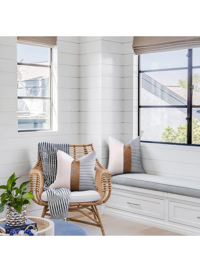 Relex Set of 2 Farmhouse Decorative Throw Pillow Covers,Modern Faux Leather Accent Pillow Covers,Stripe Patchwork Linen Pillowcases Cushion Covers for Couch Sofa Bed Decor - Image 5