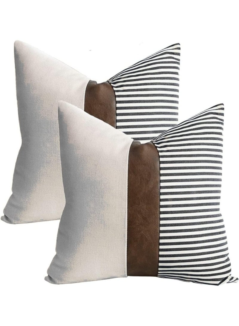Relex Set of 2 Farmhouse Decorative Throw Pillow Covers,Modern Faux Leather Accent Pillow Covers,Stripe Patchwork Linen Pillowcases Cushion Covers for Couch Sofa Bed Decor - Image 1