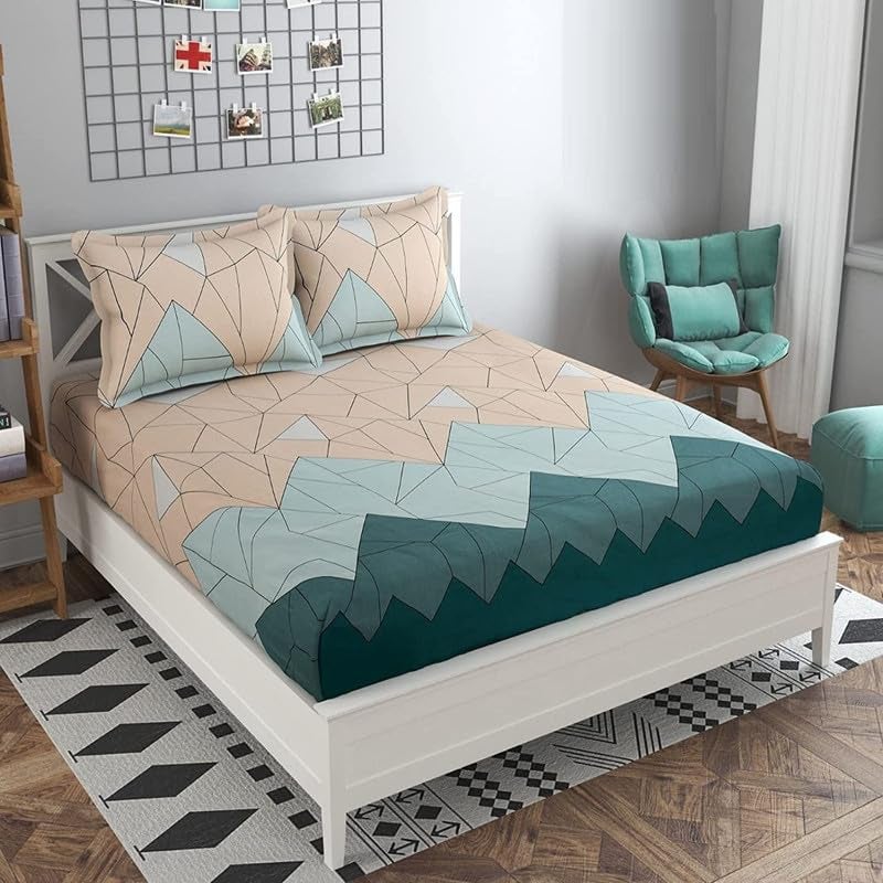 Delight Zone Prime Collection 160TC Supersoft Glace Cotton Elastic Fitted King Size Double Bedsheet with 2 Pillow Covers (Multicolour, Size 72 x 78 Inch) - Greenish Lines-Fitted - Image 1