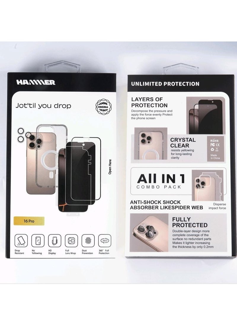 Hammer package complete iPhone 16 Plus comes with 2 transparent front protectors, a cover, and a slim crystal case anti-yellowing, drop-resistant, with a tilt degree, full lens protection, anti-scratch - Image 1