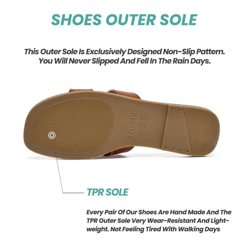 NianEr Womens Microfiber Leather Memory Foam Support H Sandals Square Toe Dress Dressy Slip On Casual Cute Comfort Bride Bridal Wedding Designer Date Flat Sandals Summer Shoes Slides brown Size 8 - Image 3